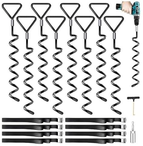 Payivsve Ground Anchor Pack of 8, Heavy Duty, Black Metal, Functional, Robust, Ideal for Trampolines, Tents, Swings, Garden Sheds, High Wind Resistance with Straps
