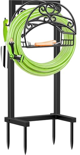 TomCare Garden Hose Holder Upgraded Water Hose Holder with Storage Basket Heavy Duty 4 Spikes Hose Hanger Holds 160 Feet Hoses Stable Freestanding Hose Storage Organizer for Outside Yard