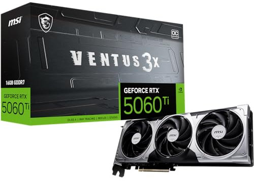 MSI GeForce RTX 5060 Ti 16G Ventus 3X OC Tarjeta gráfica, RTX 5060 Ti, 16 GB GDDR7 (28 Gbps/128 bits), PCIe 5.0 - Diseño térmico con Triple Ventilador (3 x TORX Fan 5.0) - HDMI 2.1b, DisplayPort 2.1b