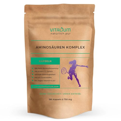 Aminosäuren Komplex hochdosiert - 180 vegane Amino Kapseln mit je 750 mg pro Tagesdosis mit 9 verschiedenen Aminosäuren - EAA von meinVitalium