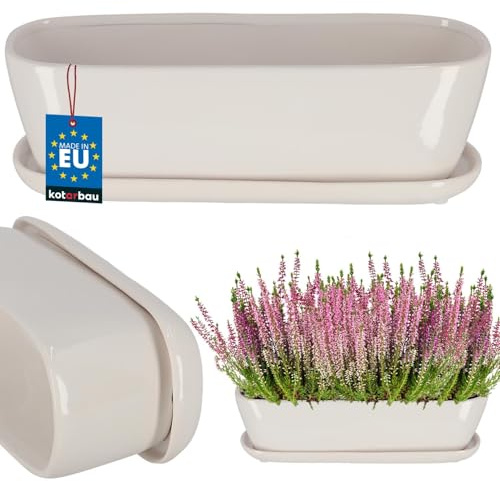 KOTARBAU Jardinière en céramique avec soucoupe, 32 x 10,5 x 11 cm, blanche, bac à fleurs, pour balcon, rebord de fenêtre