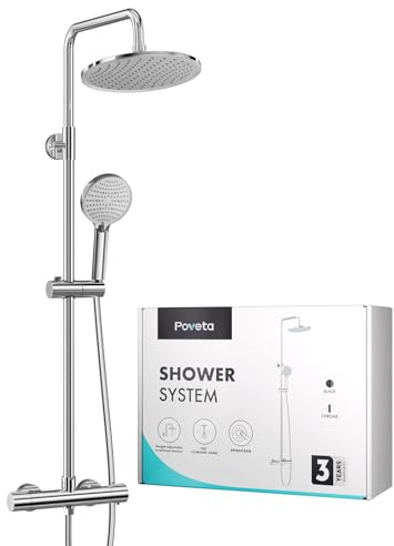 Poveta Duschsystem mit Thermostat Chrom, Duscharmatur Komplettset mit 25cm Rund Regendusche Duschkopf, Handbrause mit 3 Strahlarten, 100-120cm Höhenverstellbar, Regendusche mit Armatur, Duschset