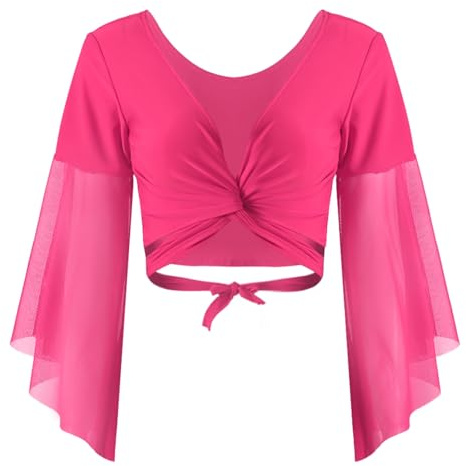 Yihuimin Mujer Baile Top Con Mangas Acampanadas Danza Del Vientre Crop Top Disfraz Show Baile Ropa, Rosa brillante, Tallaúnica