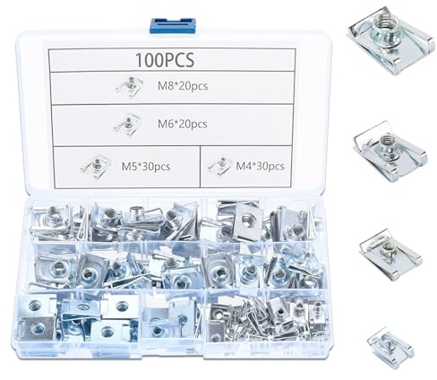 Gewinde Clip Mutter Set, 100 Stück U-Typ Blechmuttern mit Gewinde Clip Mutter, Schnappmutter Set Blechmuttern Sortiment mit Aufbewahrungsbox, für Auto Karosserieschrauben Muttern(M4, M5, M6, M8)
