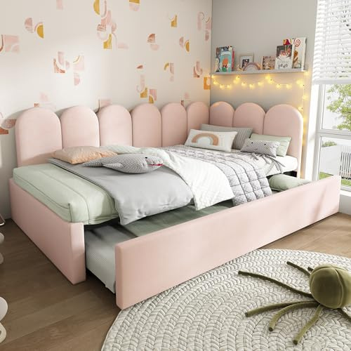 Miyemo Day Bed with Pull Out Trundle, 3ft Upholstered Single Sofa Bed for Adults & Children, Metal Slatted Frame, Velvet, 90x190cm, Pink, (No Mattress)