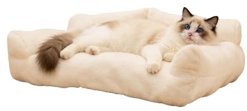 Mozzeilee bäddsoffa för husdjur, valpsoffa med halkfri bas, fluffig plysch kattsoffa, svamp ortopedisk husdjurssäng, tvättbart avtagbart skydd (55 x 40 x 26 cm, vit)