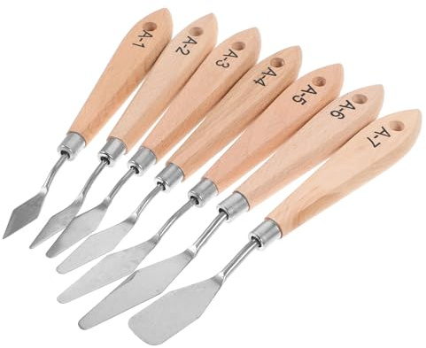 WRITWAA Strumenti per Pittura in Acciaio Inossidabile e Legno Set 7 Pezzi Spatole per Miscelare Pigmenti e Argilla, per Pittura a Olio e Acquerello