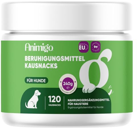 Lugnande kosttillskott för hundar – 120 tuggtabletter med passionsblomma, citronmeliss, taurin, magnesium, ashwagandha, vitamin B1 & laxolja – Vid fyrverkerier, åskväder, ångest & nervositet – Animigo