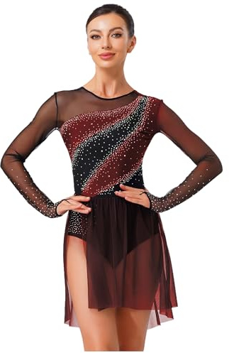 dPois Maillot De Patinaje Artístico para Mujer Vestido De Danza Ballet Manga Larga Vestido Lentejuelas De Baile Actuación borgoña M