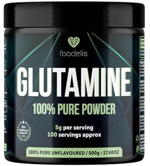 Foodelis L-Glutamina en Polvo 500 g | Sin Sabor | 5 g por Dosis (100 dosis) | 100% L-Glutamina Pura Sin Aditivos | Fácil de Mezclar | Incluye Dosificador