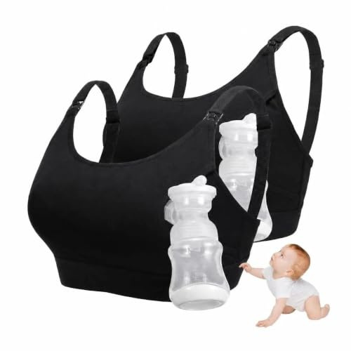 SINJAETRQ 2PK Seamless Wireless Maternity Nursing Pumping Bra Black | Hands-free pump hold, adjustable extenders, for pregnancy, sleep, breastfeeding moms.