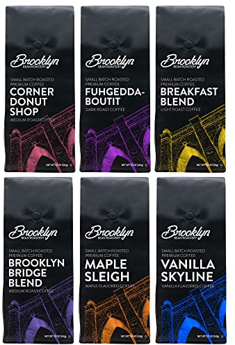 Brooklyn Beans Bagged Ground Coffee Variety Pack - Light, Medium, Dark Roast and Flavored (12 Ounce Bag, Pack of 6)
