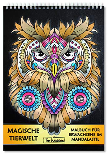 Livre de coloriage pour adultes - Animaux magiques - Images à colorier de style mandala - Livre de coloriage avec reliure à spirale et ligne de coupe, pages imprimées d'un seul côté, papier d'artiste