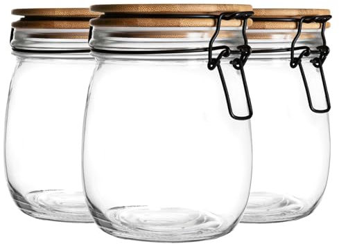 Argon Tableware Glass Storage Jar with Airtight Wooden Clip Lid - 750ml - 6 Pack - Kitchen Container Round Preserving Jar for Pickling, Chutney, Jam, Coffee, Oats
