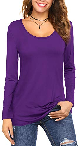 Florboom Longsleeve Donne Camicia di Cotone Manica Lunga Longshirt Tinta Solida Tshirts Long Top Tops Viola M