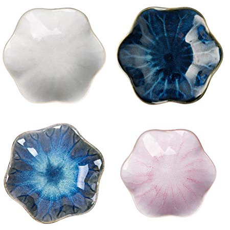 Cabilock Japanese Small Plate Set Ceramic Flower Dinner Plate Appetizer Dessert Sushi Sauce Dishes, 4.3 Inches, Microwave, Oven & Dishwasher Safe Porcelain Small Plates, Set of 4