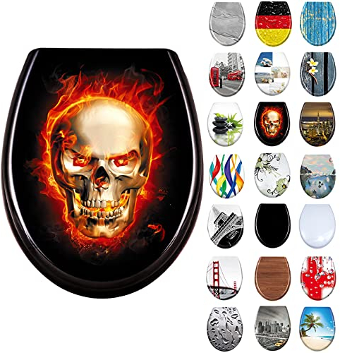 LARS360 Toilettendeckel WC Sitz mit Absenkautomatik aus Duroplast und Edelstahl, Antistatisch Antibakteriell Leicht zu Reinigen Abnehmbar Für Meisten Klodeckel Hänge WC, 45 x 38cm (Schädel Flammen)