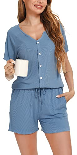 Vlazom Pyjama Femme ete Ensemble de Pyjama Court Haut à Manche Courte avec Boutons Pyjamas Short,M,Blue Cobalt