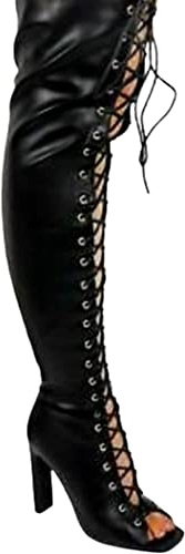 Liliana Women's Peep Toe Lace-Up Chunky Heel Over The Knee Boot Drip-1 Black 10