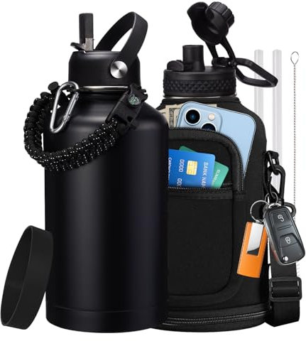 64 oz Insulated Water Bottle with Straw & Auto Spout Lids, Paracord Handle, Half Gallon Waterbottle Strap Carrier & Protective Boot, Wide Mouth Metal Canteen Thermo Mug, Leak-proof Sports Hydro Jug