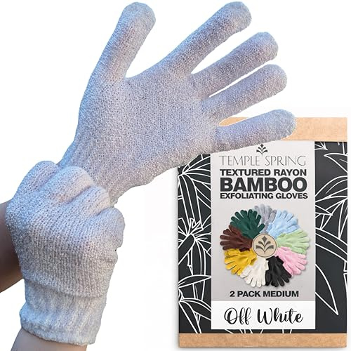 Temple Spring Gant Exfoliant Corps en Bambou, Gant Gommage Corps, Loofah Éponge Douche, Body Scrub Exfoliating Glove, Luffa Éponge Bain, Premium Exfoliating Mitts – Blanc Cassé