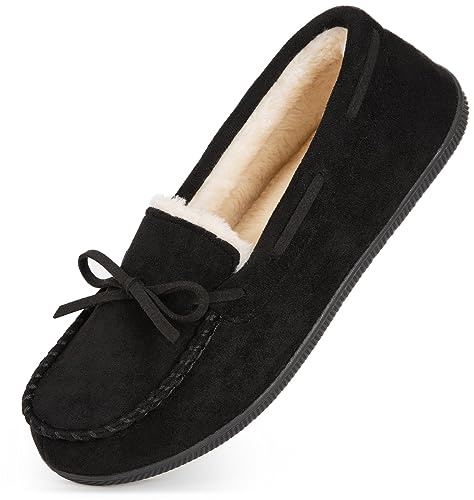 HomeTop Women's Moccasins House Slippers Memory Foam Soft Faux Fur Indoor Outdoor Shoes for Ladies Black,8 US