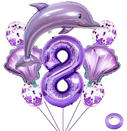Weenkeey 8 anni Delfino Palloncini compleanno Delfino gigante Palloncino numero 8 Palloncini in mylar Palloncini animali oceano per festa a tema oceano Forniture per compleanno ragazze - Viola