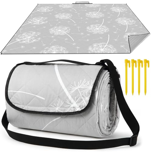 Aptliton Picnic Blanket, 200 x 200 cm, Large Waterproof Picnic Mat with 4 Stakes Carry Strap for Camping, Park, Garden, Beach, Outdoor, Machine Washable, Foldable and Portable, Dandelion Grey
