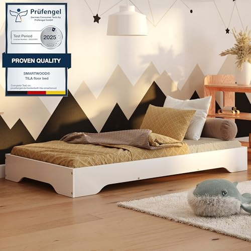 smartwood Barnsäng 100x190 Vit - Golvsäng i furu med FSC-certifierat trä - Montessorisäng med böjd ribbotten upp till 230 kg för pojkar och flickor - Enkel montering - TILA 7