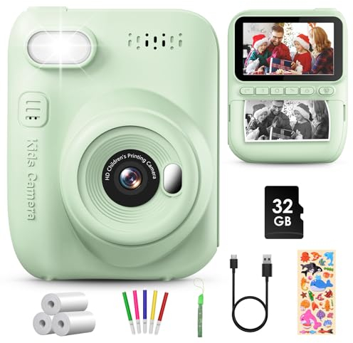 GREENKINDER Sofortbildkamera Kinder,14MP 3.0 Zoll Bildschirm Kinderkamera Sofortbildkamera mit 32G Karte,Druckpapier & Farbigen Stiften,1080P Kamera Kinder Sofortdruck, 3-12 Jahren