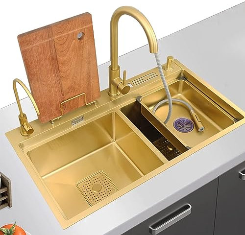 Küchenspüle Wasserhahn, goldene Edelstahlspüle, Küchen-Doppelwaschbecken, große Spüle, Goldener Wasserhahn, inklusive Seifenspender und anderem Zubehör (Größe: 82 x 46 x 24 cm)