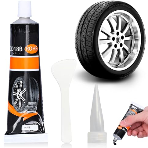 GUAHKUN Reifenkleber, Reifen Gummi Kleber, Gummikleber Schwarz, Reifendichtmittel Auto Mit Düse Und Schaber, Schnelle Reparatur Von Rissen, Löchern Und Abblättern Verschiedener Reifengummis (50ml x1)