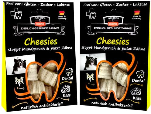 QCHEFS 2er Pack CHEESIES Hundeleckerli bei Mundgeruch, Zahnfleischentzündung als Zahnsteinentferner durch natürlich antibakterielle Zahnpflege ohne Dentalspray oder Zahnbürste für die Gesundheit