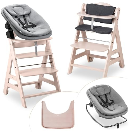 hauck Chaise Haute Bébé Evolutive en Bois Beta+ Newborn Set Highchair Bouncer 3en1 – dès la Naissance avec Transat Bebe, Coussin Assise et Plateau Repas – Whitewashed
