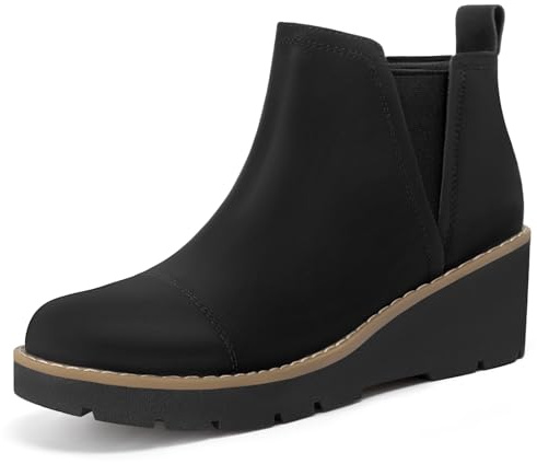 Athlefit Women's Wedge Chelsea Boots Platform Lug Sole Elastic Short Black Ankle Booties Size 7