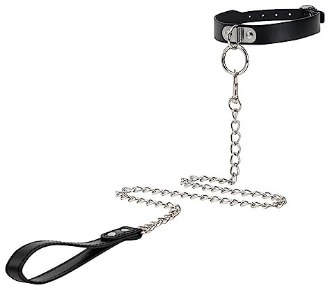 NICEYEA Vintage Black Leather Choker Collar and Leash Set for Women, Bell Collar Choker with Chain Leash Set Soft Faux Leather Necklace for Halloween Gothic Cosplay (A)