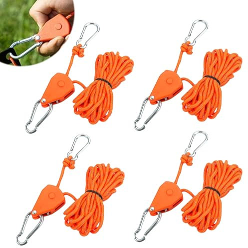 4 Stück Seilratsche,4 M Winddichtes Outdoor Seil mit Ratsche, Abspannseile mit Seilspanner für Outdoor Camping Markise(Orange)