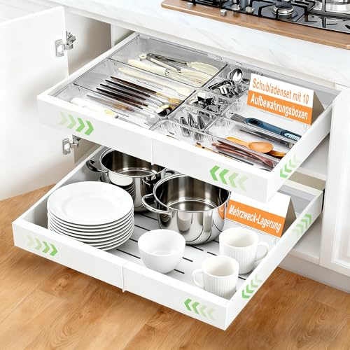 AirOpen 2 Pezzi Cassetto Estraibile Cucina Contenenti 20 Scatole Portaoggetti, Cestelli Estraibili per Cucina in Acciaio, Cassetto Telescopico e Sistema di Guide, Larghezza Regolabile da 32 a 53cm