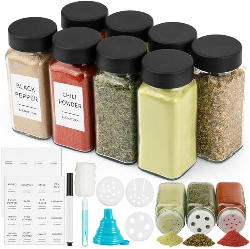 Ferenando 8 Pcs 120ml Square Glass Spice Jars with Lids and Labels, 16 Shaker Lids, Glass Seasoning Jars, Spice Storage Jars with Funnel, Brush‌, Pen, for Kitchen Spice Containers and Shaker