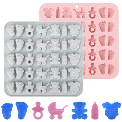2uds Moldes de Chocolate para Baby Shower, Mono Silicona con Forma de Biberón Pies Bebé Chupete Cochecito y Osito para Pastel Cupcakes y Decoraciones Gomitas (Gris, Rosa)