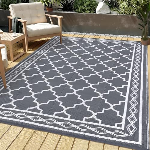 Garvee Outdoor-Teppich, 20,3 x 25,4 cm, wasserdicht, für Terrasse, große Kunststoff-Strohmatte für Camping, Veranda, Wohnmobil, wendbare Teppiche für Deckeingang, Picknick, Balkon, Strand (grau/weiß)