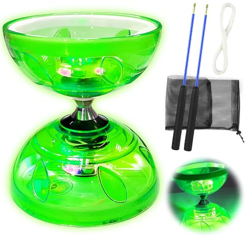 Diabolo Roulement libre avec roulement à billes Triple kit de rangement 4,5 mm Diabolo Lumineux dans l'obscurité Sport de loisirs Jouet de jonglerie avec baguettes manuelles pour adultes (vert)