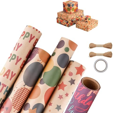 5 Rotoli Carta da Regalo Kraft Vintage 43x300 cm, Carta da Regalo Compleanno Bambini e Adulti, Design Colorato per Feste, Natale, Anniversari e Occasioni Speciali