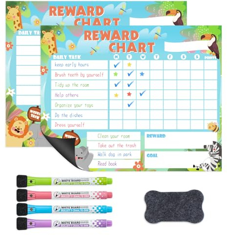 2 Pack Magnetic Reward Charts for Kids, Fridge Behaviour Charts, Animal | Full Magnetic Back, Reusable Dry Erase Surface, 25.5 x 20.5 cm, 4 Markers & 1 Eraser, for Chores, Routine, Behaviour Tracking