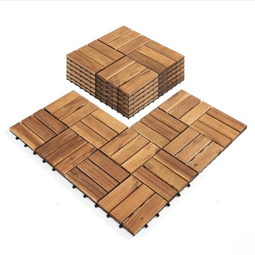 AN68 Premium Acacia Wood Interlocking Deck Tiles – Set of 9 pcs, 12x12, Waterproof Outdoor Patio Flooring, Weather-Resistant Wooden Tiles for Balcony, Backyard, Indoor & Outdoor Use (Natural)