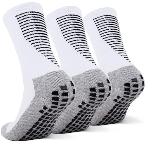 KEWUF 3 pares de calcetines deportivos antideslizantes, Calcetines de fútbol, Calcetines de fútbol para hombre, Calcetines de agarre, calcetines deportivos antideslizantes,39-46 - Blanco