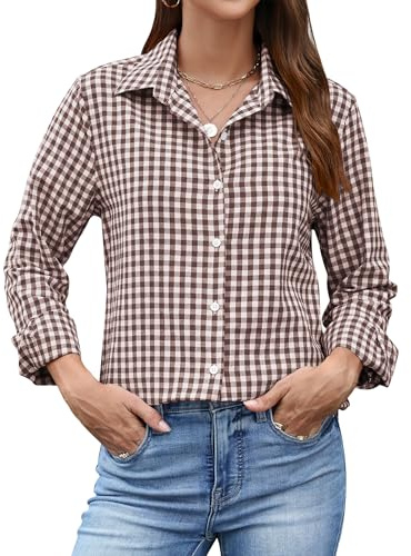 Rapbin Blusa de manga larga para mujer, camisa monocolor, elegante, a rayas, informal, ropa de negocios, blusa holgada, blusa de algodón, túnica, camisa, tops, Café Cuadros, L