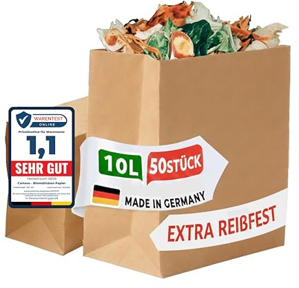 Cartevo Lot de 50 sacs poubelle bio de qualité supérieure - 10 l - Extra résistants à la déchirure et à l'humidité - Papier pour la cuisine, les poubelles bio et les poubelles biologiques - Sacs en