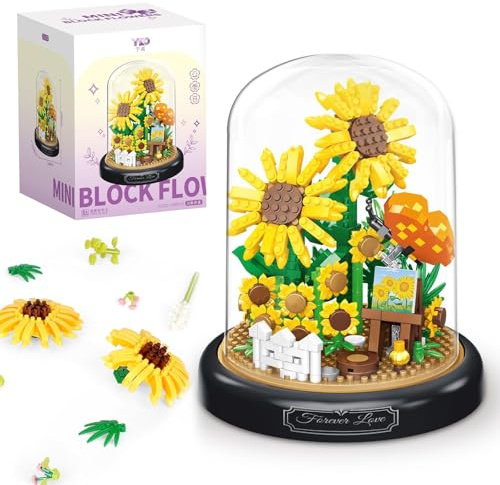 Ensemble Blocs Construction Fleurs Bloc de Construction Tournesol 558 Pièces avec Couvercle Protection Kit de Construction de Fleurs Artificielles Adaptés à Décoration Salles,Bureaux