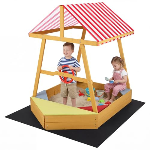 COSTWAY Sabbiera per Bambini in Legno Massello, Sabbionaia con Tetto Parasole, Panca Sedile e Fodera, Forma di Barca, per Esterno, Spiaggia, Cortile e Giardino, 135x103x140 cm